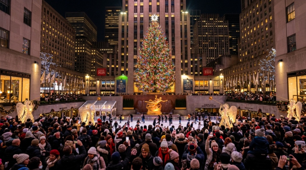 Crowds gathering on Rockefeller Plaza in New York City to watch the 2026 Rockefeller Center Christmas Tree lighting ceremony on December 2