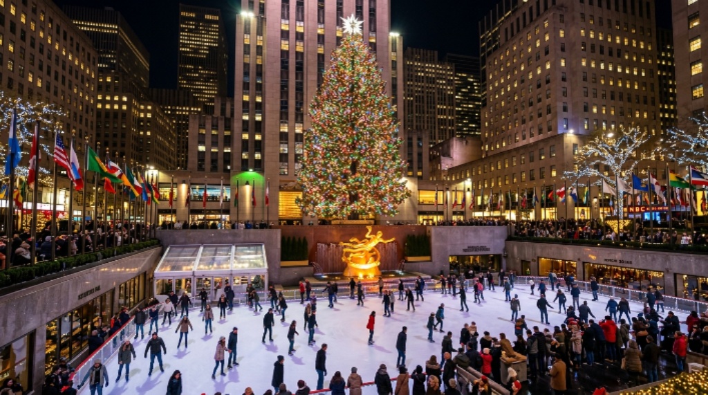 The illuminated Rockefeller Center Christmas Tree towering over the Prometheus statue and ice skating rink at night in Midtown Manhattan during the 2026 holiday season