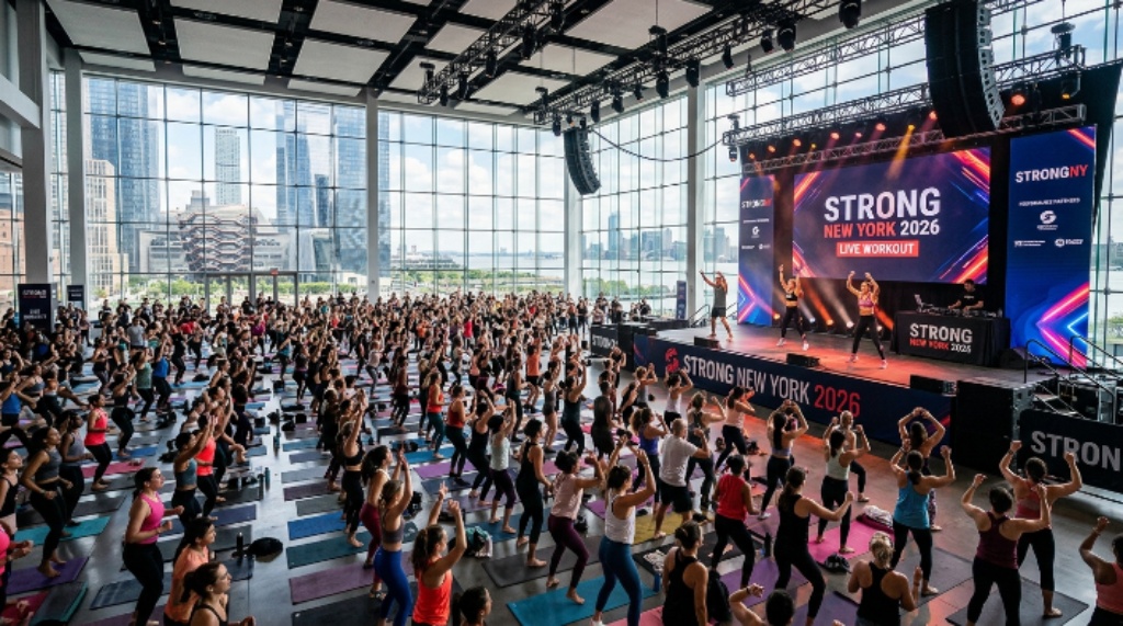 Thousands of fitness fans participating in a live workout session on the main stage at Strong New York 2026 inside The Glasshouse in Manhattan