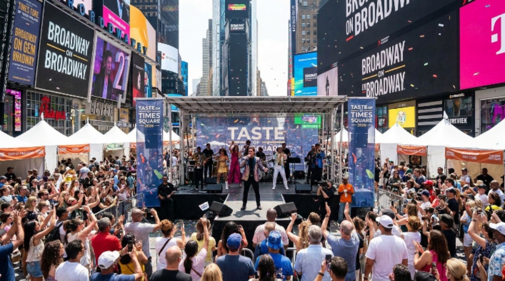 Broadway performers entertaining a crowd of festival visitors during the live music segment of the Taste of Times Square 2026 event on the Broadway Plazas in Midtown Manhattan