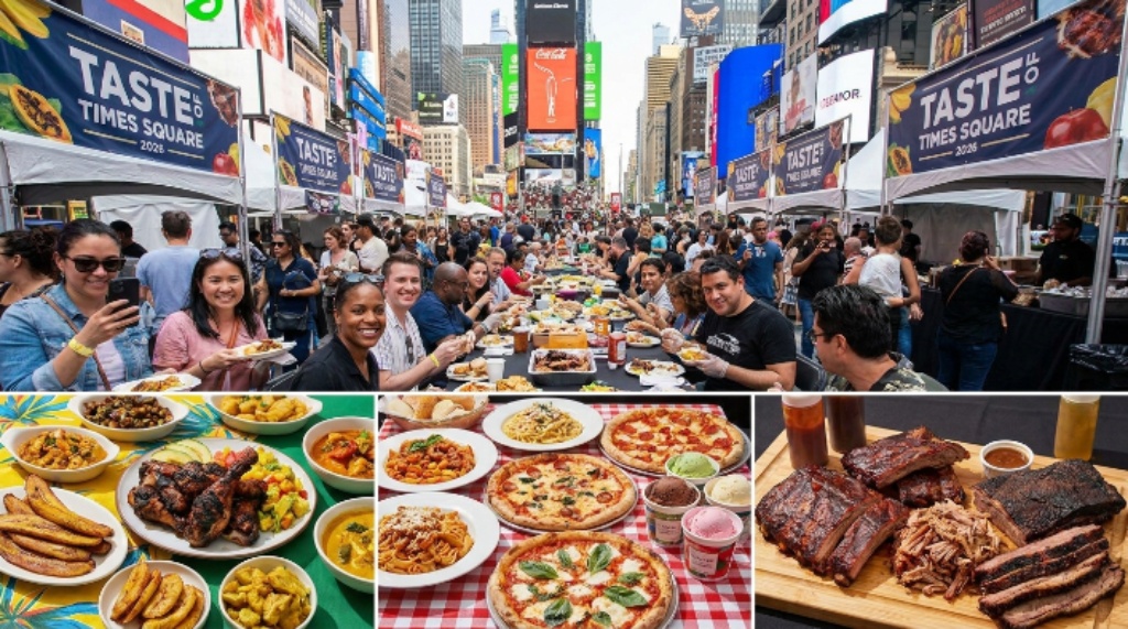 A colorful spread of international dishes including Caribbean, Italian, and American barbecue food at the annual Taste of Times Square 2026 outdoor festival in Times Square, New York