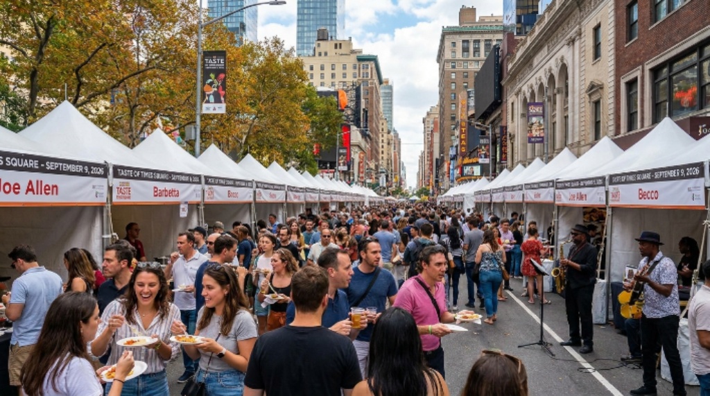 Crowds of food lovers sampling dishes from outdoor restaurant tents along 46th Street and Restaurant Row during the Taste of Times Square festival on September 9, 2026, in Manhattan, New York City