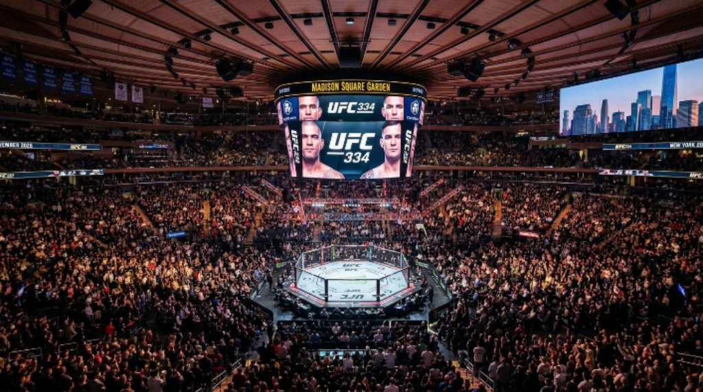 Aerial view of the UFC octagon set up inside Madison Square Garden for UFC 334 in New York City, November 2026