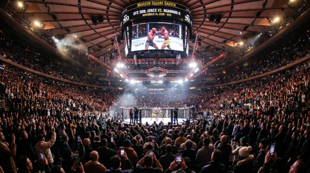 A packed Madison Square Garden crowd watching the UFC octagon on fight night during a New York City pay-per-view event in November 2026