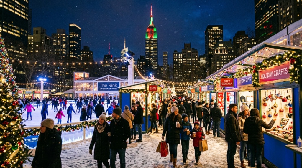 Families and couples browsing colorful artisan stalls and ice skating at the Bryant Park Winter Village holiday market in Midtown Manhattan during December 2026, with the Empire State Building lit in the background