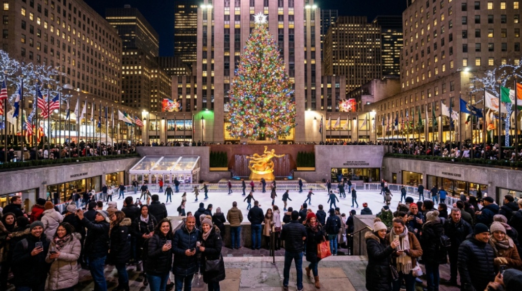 Crowd of visitors standing in front of the illuminated Rockefeller Center Christmas Tree at night during the 2026 holiday season in New York City, with skaters visible on the rink below