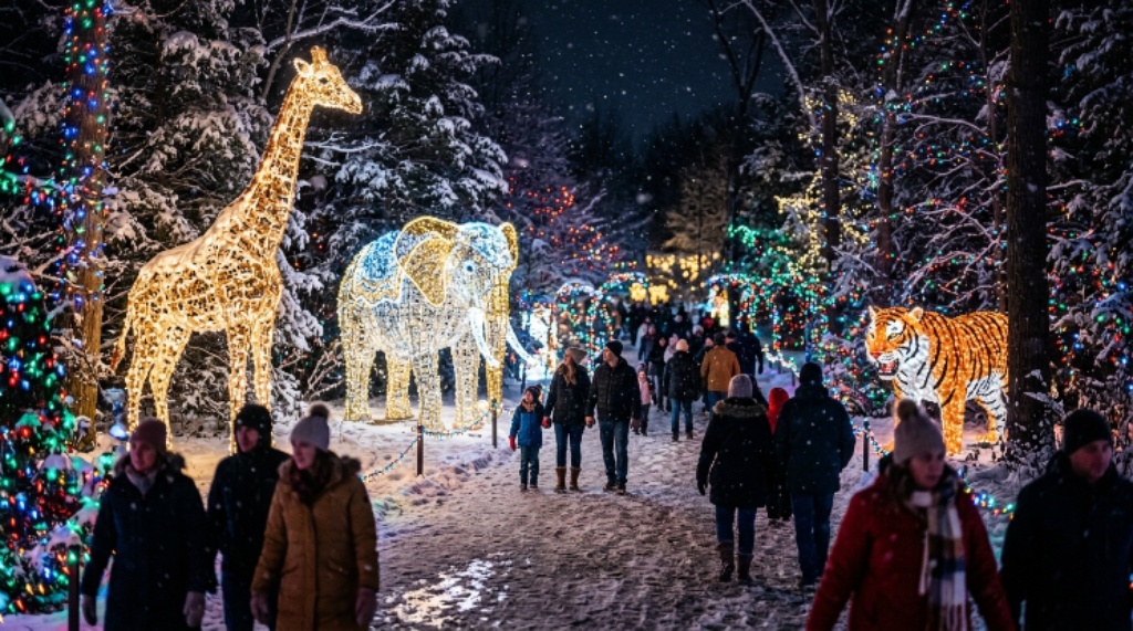 Visitors enjoying Bronx Zoo Holiday Lights 2026