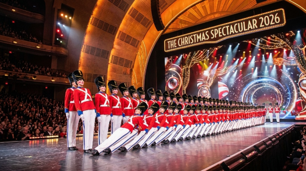 The Parade of the Wooden Soldiers scene from the Christmas Spectacular 2026, with Rockettes in uniform costumes falling in perfect synchronization on the brightly lit stage
