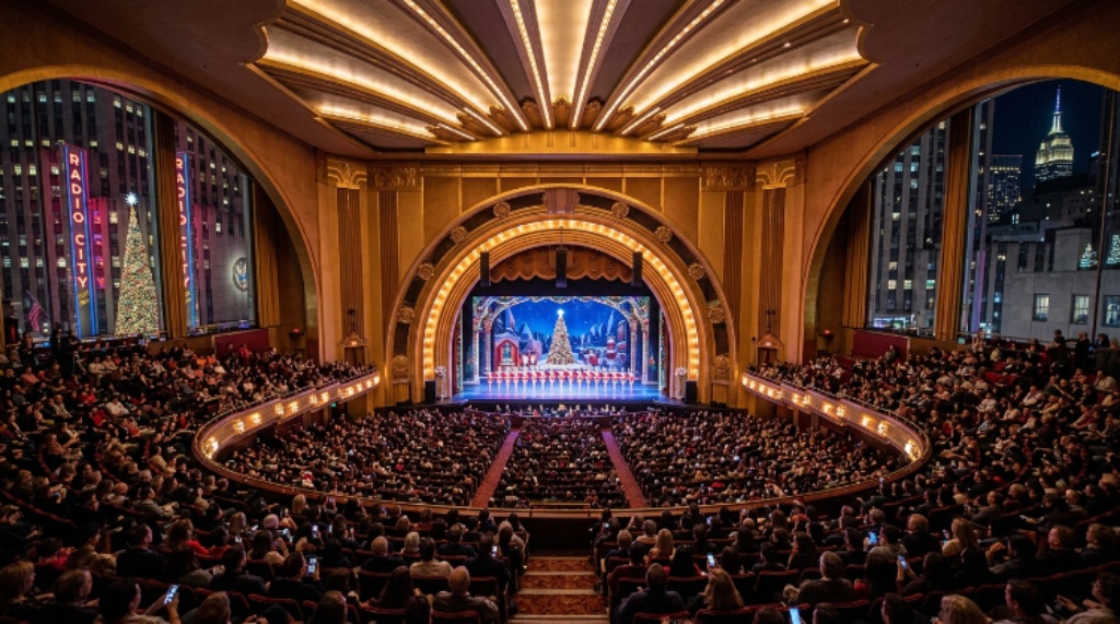 A wide aerial view of Radio City Music Hall auditorium filled with a sold-out audience watching the Christmas Spectacular during the 2026 holiday season in New York City