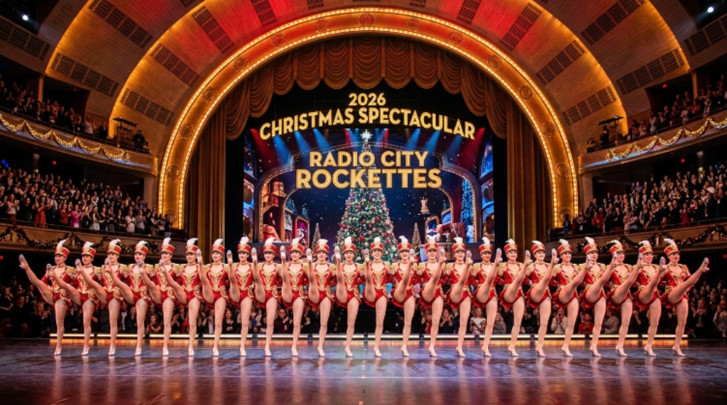 The Radio City Rockettes performing their iconic high-kick line in sparkling red and gold costumes on the grand stage of Radio City Music Hall during the 2026 Christmas Spectacular