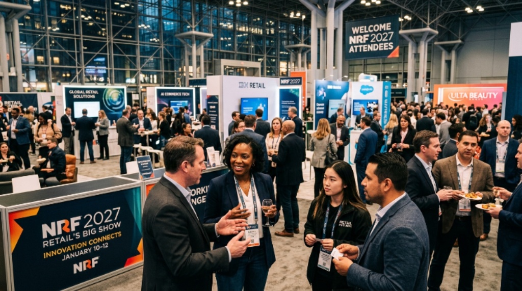 Retail professionals networking on the expo floor at NRF 2027 in January