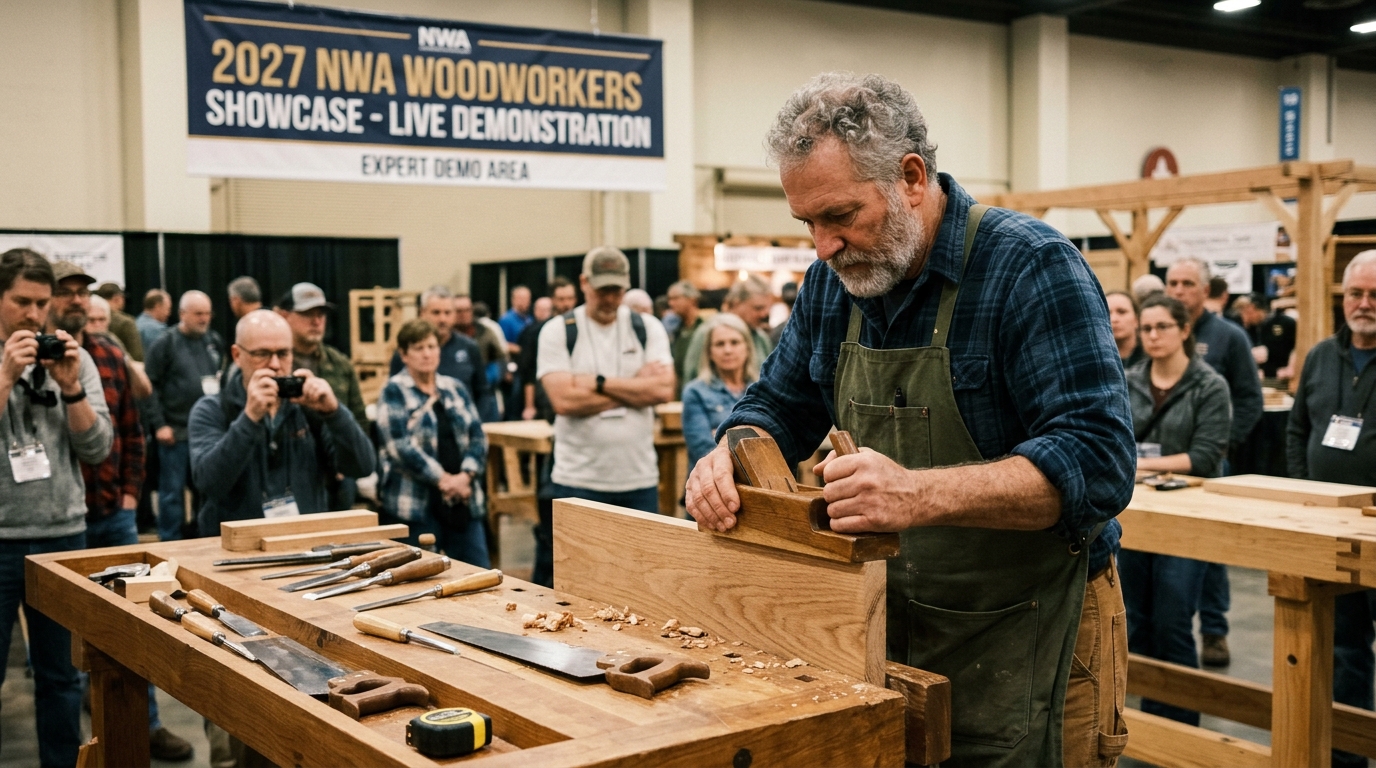Expert woodworker performing a live hand tool demonstration at the 2027 NWA Woodworkers Showcase