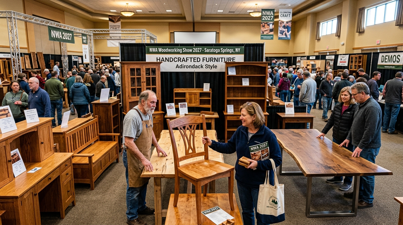 Visitors browsing handcrafted wooden furniture exhibits at the NWA Woodworking Show 2027 in Saratoga Springs, New York