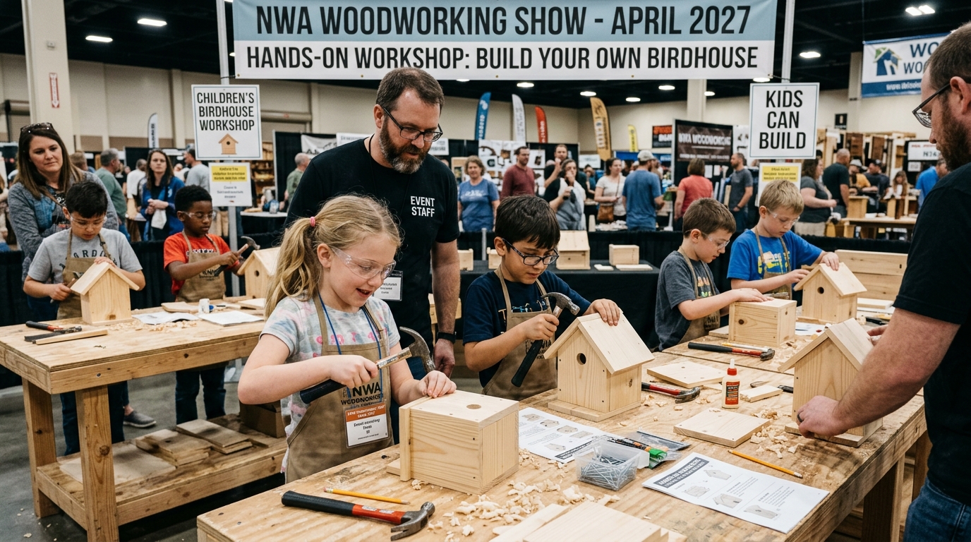 Children building wooden birdhouses at a hands-on workshop during the NWA Woodworking Show April 2027
