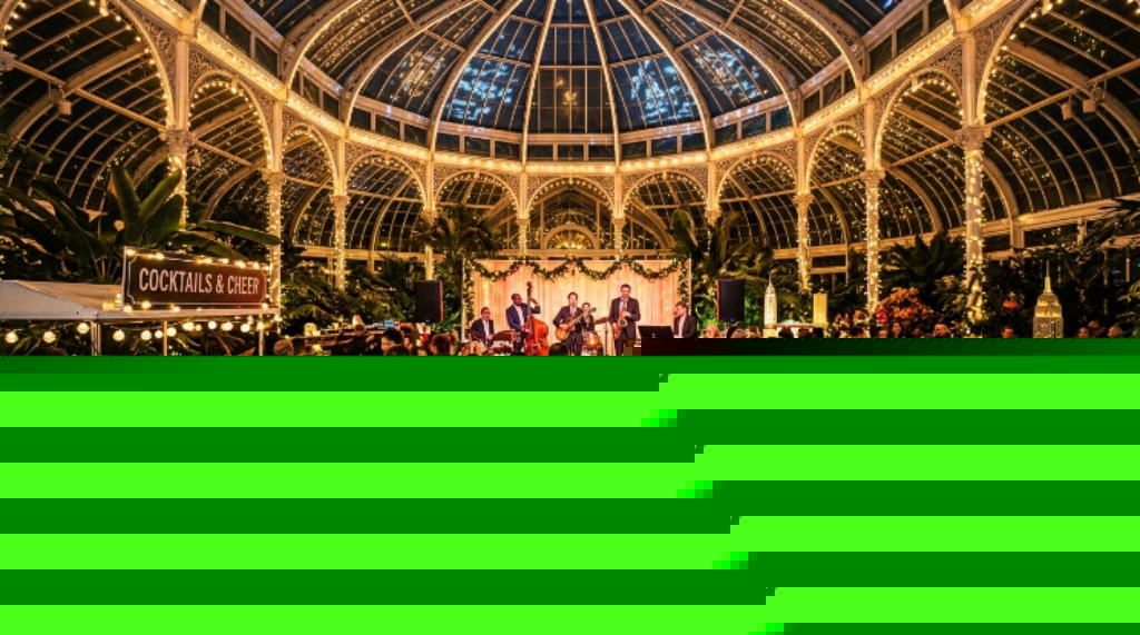 A festive after-dark scene at Holiday Train Nights at NYBG, with guests enjoying cocktails and live music under the glass ceiling of the illuminated conservatory