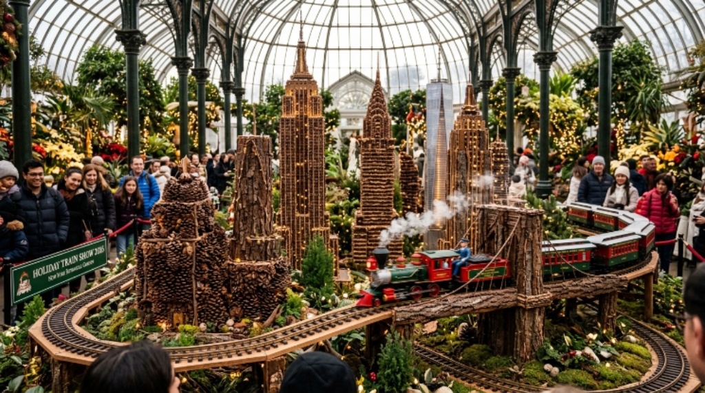 Model trains passing through a miniature New York City skyline made from pinecones and bark inside the Enid A. Haupt Conservatory at NYBG during the Holiday Train Show 2026