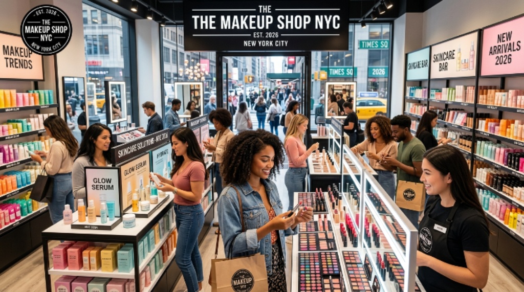 Visitors browsing skincare and cosmetic products at The Makeup Shop NYC 2026 in New York City
