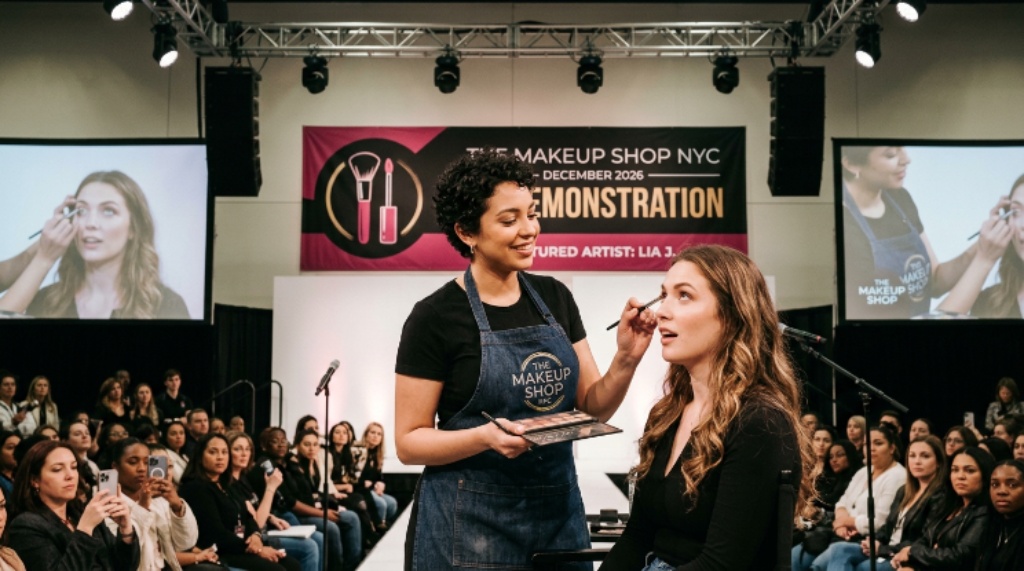 Makeup artist attending a live demonstration on stage at The Makeup Shop NYC December 2026