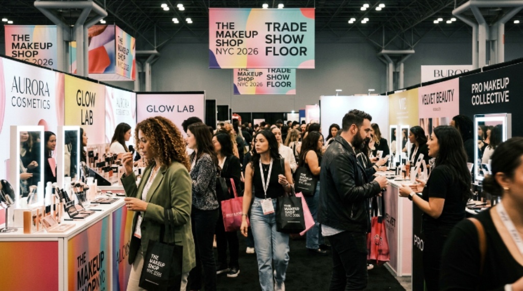Beauty professionals exploring makeup brand exhibitors at The Makeup Shop NYC 2026 trade show floor