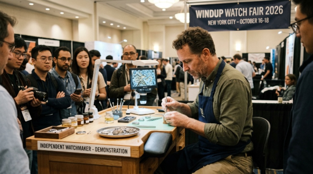 Independent watchmaker demonstrating movement servicing at the 2026 Windup Watch Fair in New York