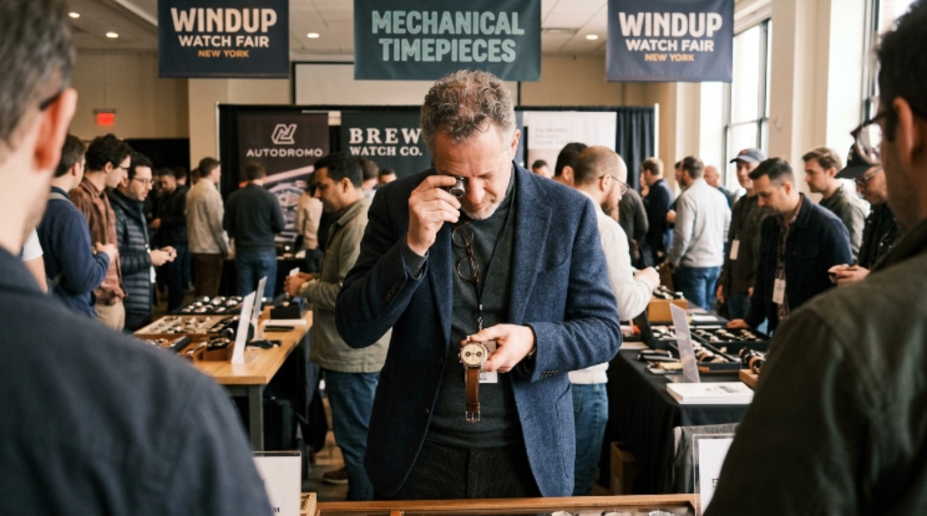 Watch collector examining a mechanical timepiece at the Windup Watch Fair New York exhibition
