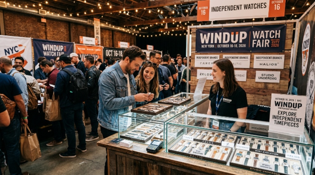 Windup Watch Fair New York 2026 exhibitor booth displaying independent watches on October 16