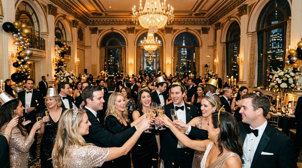 Elegantly dressed guests toasting with champagne inside a grand NYC ballroom on New Year's Eve