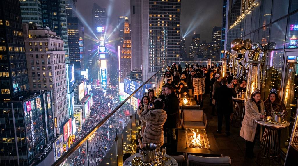 View from a luxury NYC rooftop bar overlooking the illuminated Times Square on New Year's Eve night