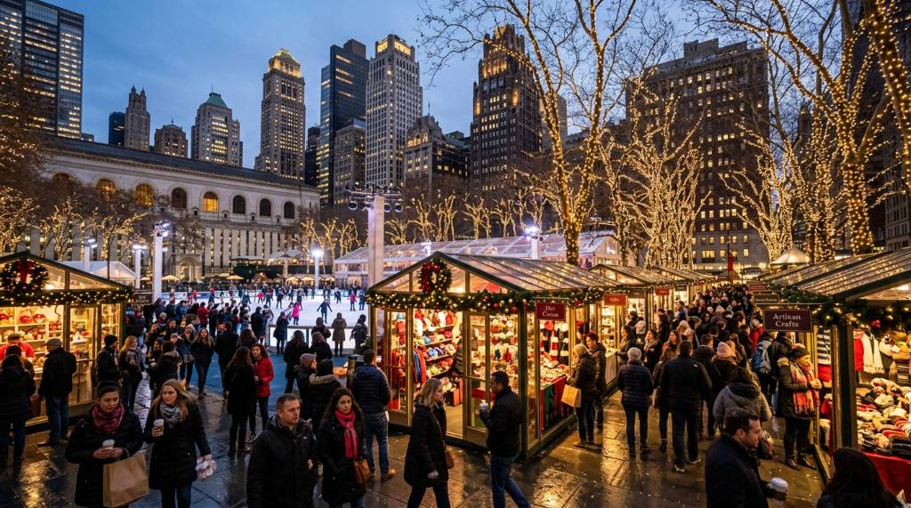 Colorful outdoor holiday market stalls at Bryant Park Winter Village with shoppers and festive lights in New York City