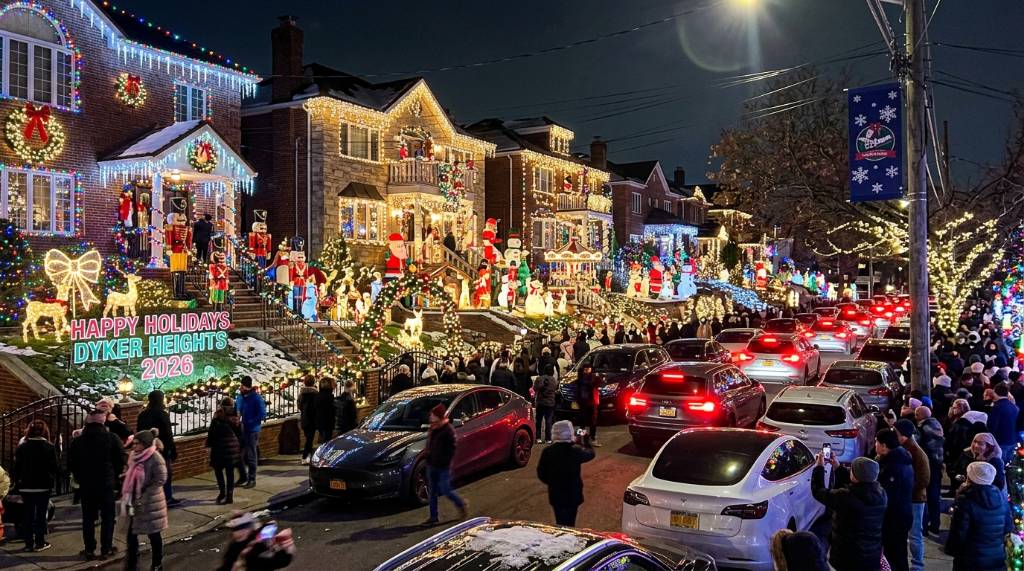 Residential streets of Dyker Heights Brooklyn covered in elaborate Christmas light decorations during the 2026 holiday season
