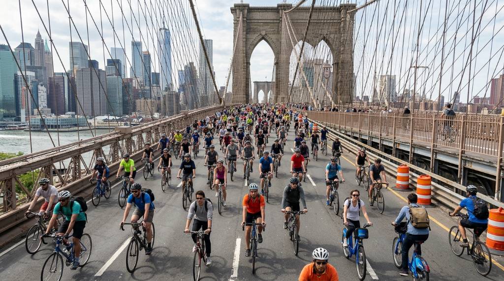 Cyclists riding across a New York City bridge on a car-free street