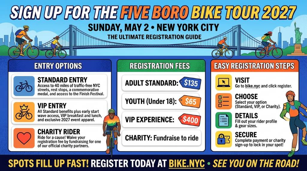 Sign up for the Five Boro Bike Tour 2027 on May 2. See fees, entry options and easy registration steps in one clear guide