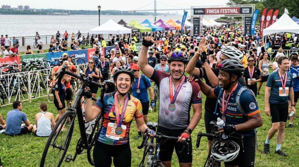 Smiling cyclists celebrating at the Staten Island finish festival