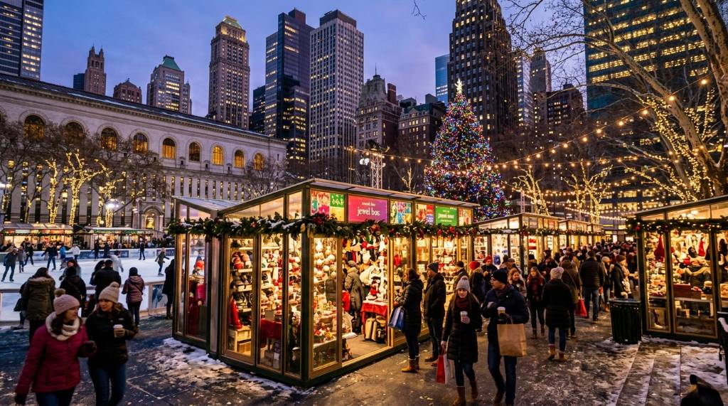 Colorful holiday market stalls at Bryant Park Winter Village with New York City skyline in the background