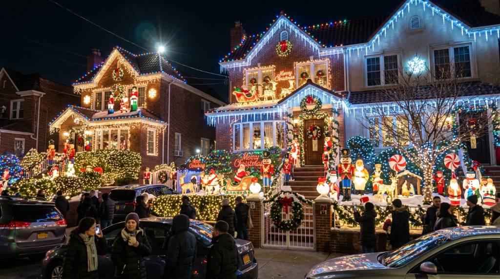 Elaborately decorated houses in Dyker Heights Brooklyn covered in Christmas lights at night