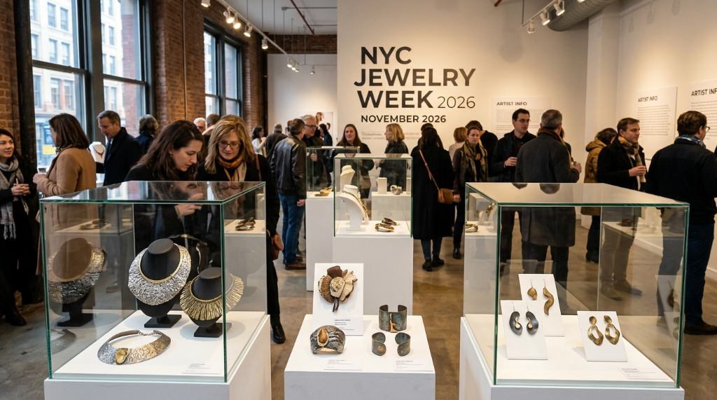 Handcrafted art jewelry pieces displayed at a gallery during NYC Jewelry Week November 2026