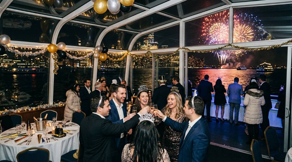 Guests celebrating New Year's Eve on a dinner cruise with Manhattan skyline in the background
