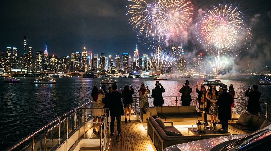 New York City skyline at night viewed from a luxury yacht on New Year's Eve with fireworks overhead