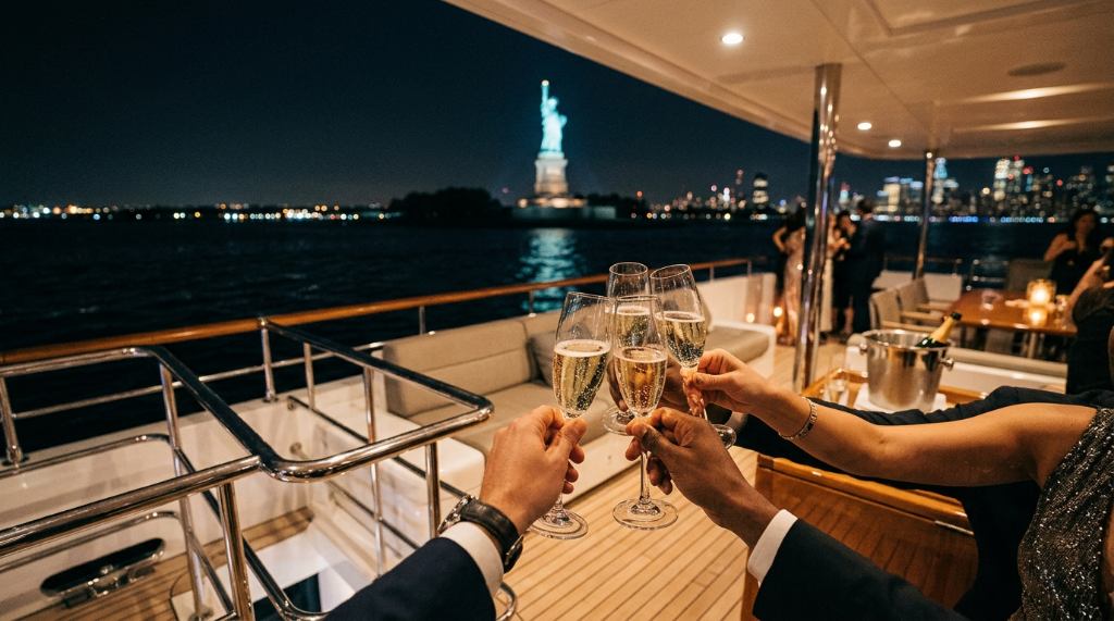 Champagne toast on a yacht deck with the Statue of Liberty visible in the distance at midnight