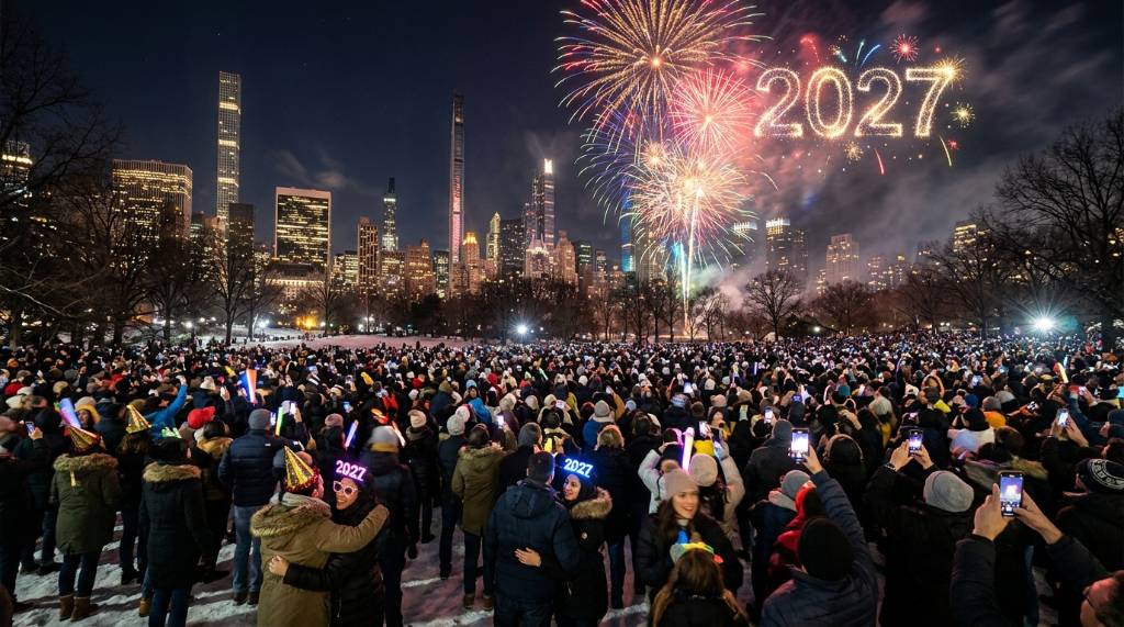 Crowd gathered at Central Park watching midnight fireworks during New York City's New Year's Eve celebration 2027