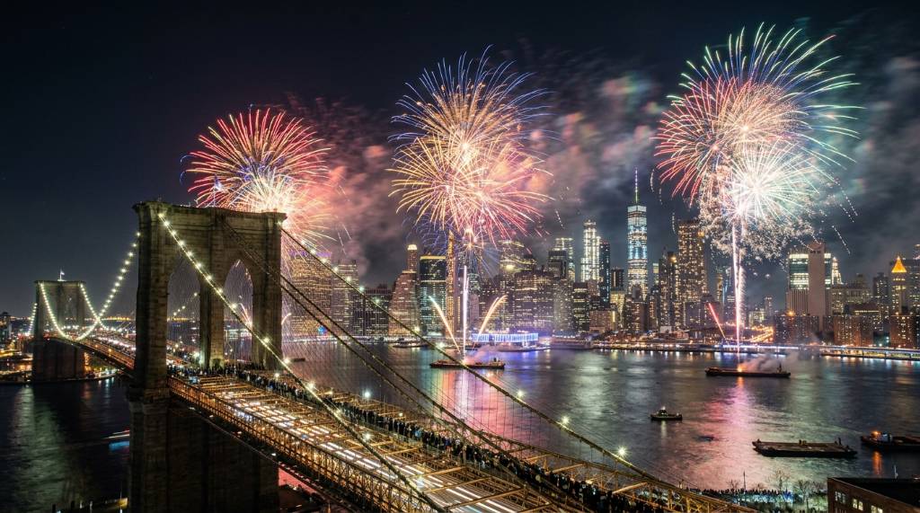 Fireworks exploding over the Manhattan skyline on New Year's Eve with the Brooklyn Bridge in the foreground