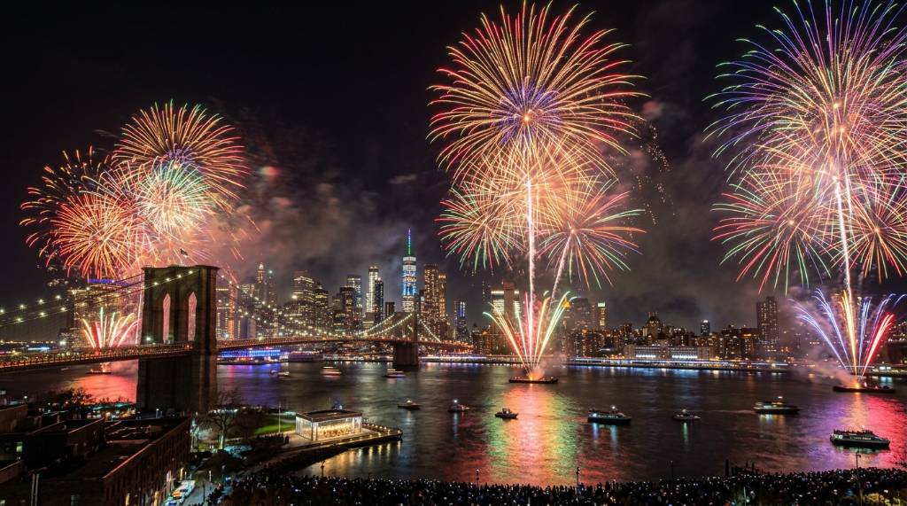 Colorful fireworks bursting over the East River in New York City at midnight on New Year's Eve