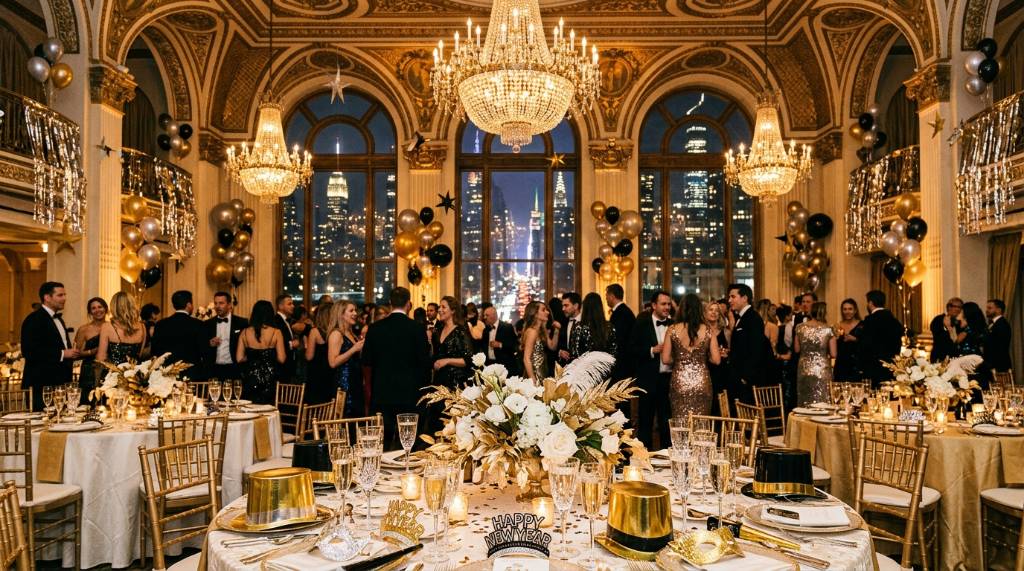 Elegantly set hotel ballroom with champagne glasses and NYE decorations in Manhattan
