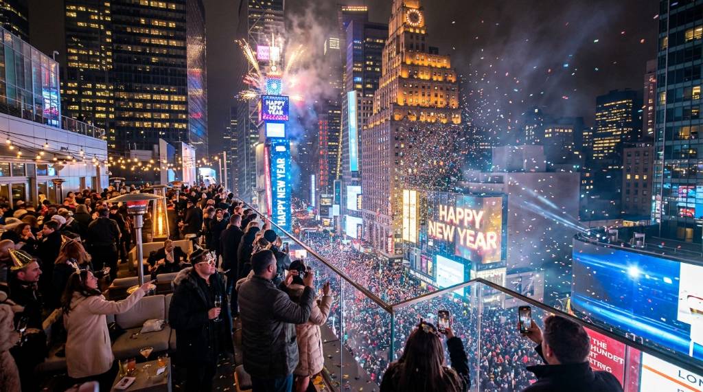 Times Square ball drop viewed from a hotel rooftop in New York City on New Year's Eve