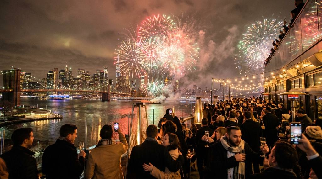 Manhattan skyline lit up with fireworks on New Year's Eve as seen from a Brooklyn hotel rooftop