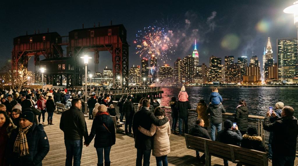 Families and couples gathered at Gantry Plaza State Park in Queens watching Midtown Manhattan's skyline glow on New Year's Eve