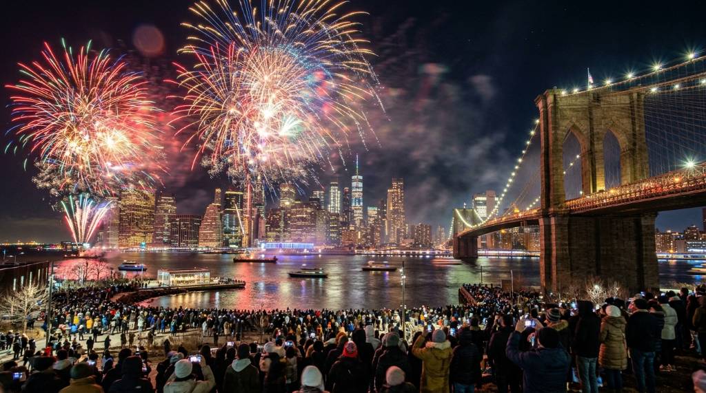 New Year's Eve fireworks lighting up the NYC skyline over the East River as seen from Brooklyn Bridge Park