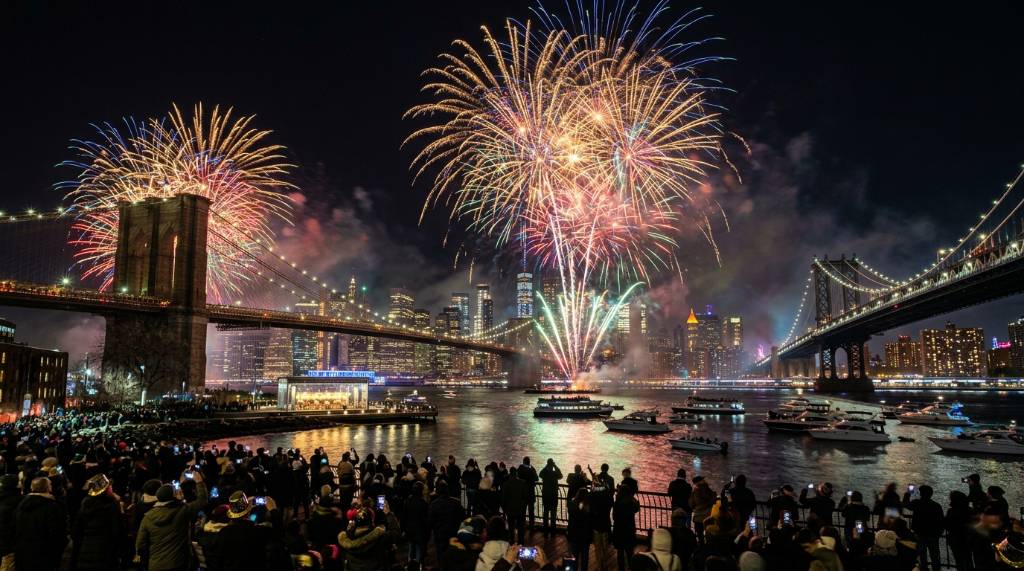 Stunning waterfront view of the Manhattan Bridge and Brooklyn Bridge at midnight during NYC New Year's Eve celebrations