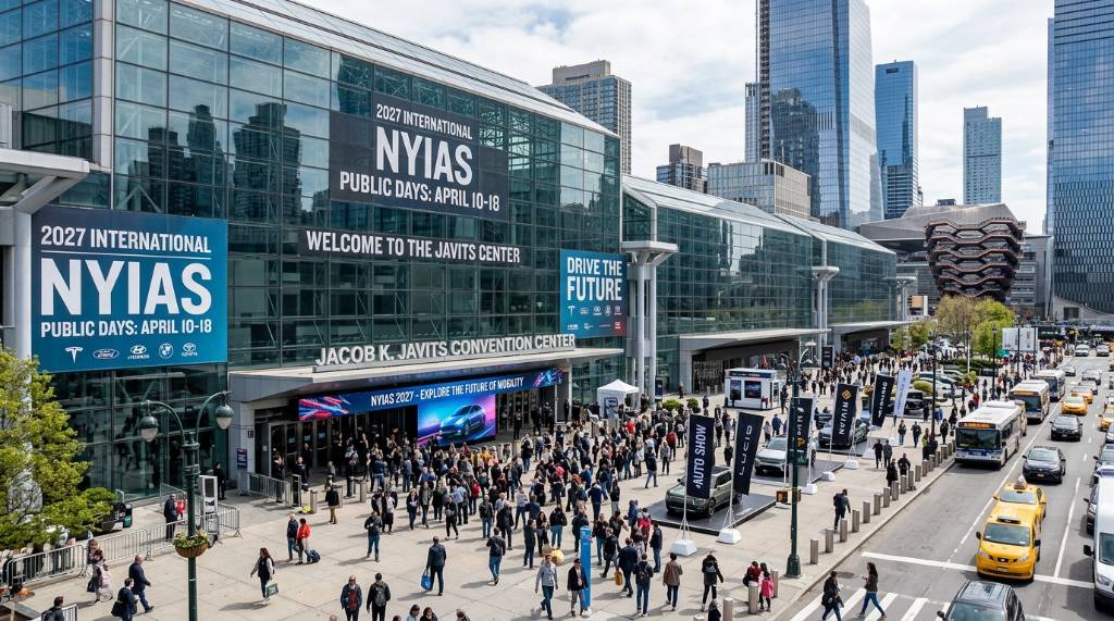 New car models on display at the New York International Auto Show 2027, including SUVs and electric vehicles from major global brands