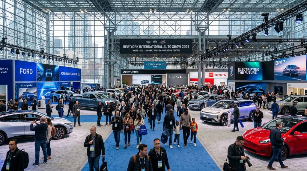Exterior view of the Jacob K. Javits Convention Center in New York City during the 2027 International Auto Show public days